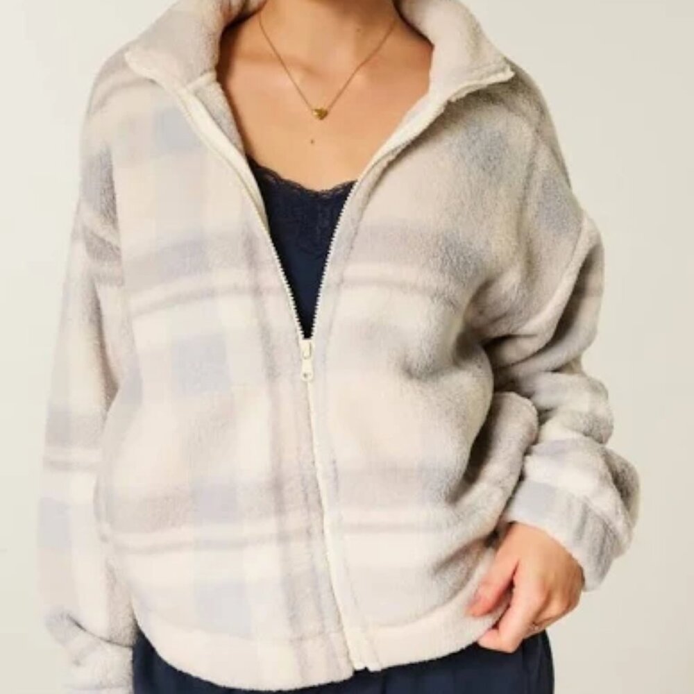 Hollister Co. Gilly Hicks Sherpa Zip-Up Sweatshirt XXL Light Blue Plaid - Picture 2 of 3